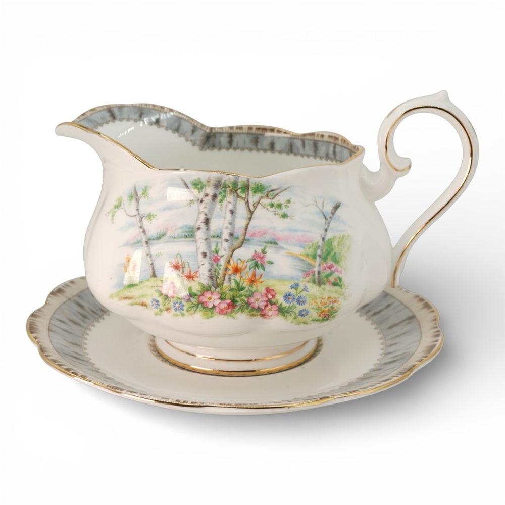 Royal Albert Silver Birch Bone China Gravy Boat with Under Plate